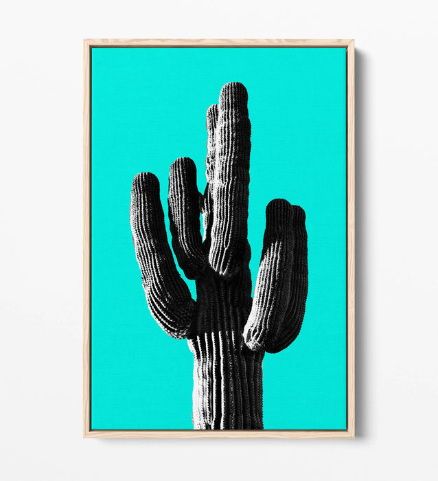 TRENDY B&W CACTUS POP ART CYAN -FLOAT EFFECT CANVAS WALL ART PRINT
