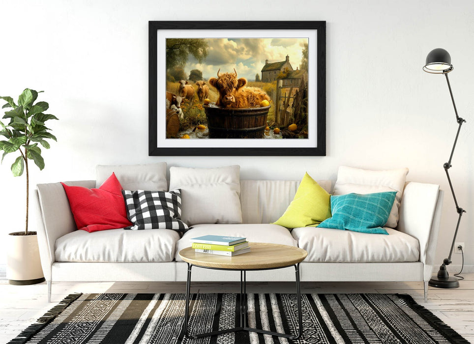Highland Cow Wall Art – Framed Bathroom Decor Print With Woodgrain Frame