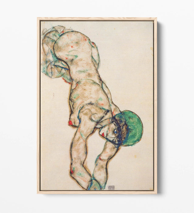 EGON SCHIELE, FEMALE NUDE WITH GREEN HOOD-FLOAT EFFECT CANVAS WALL ART PIC PRINT