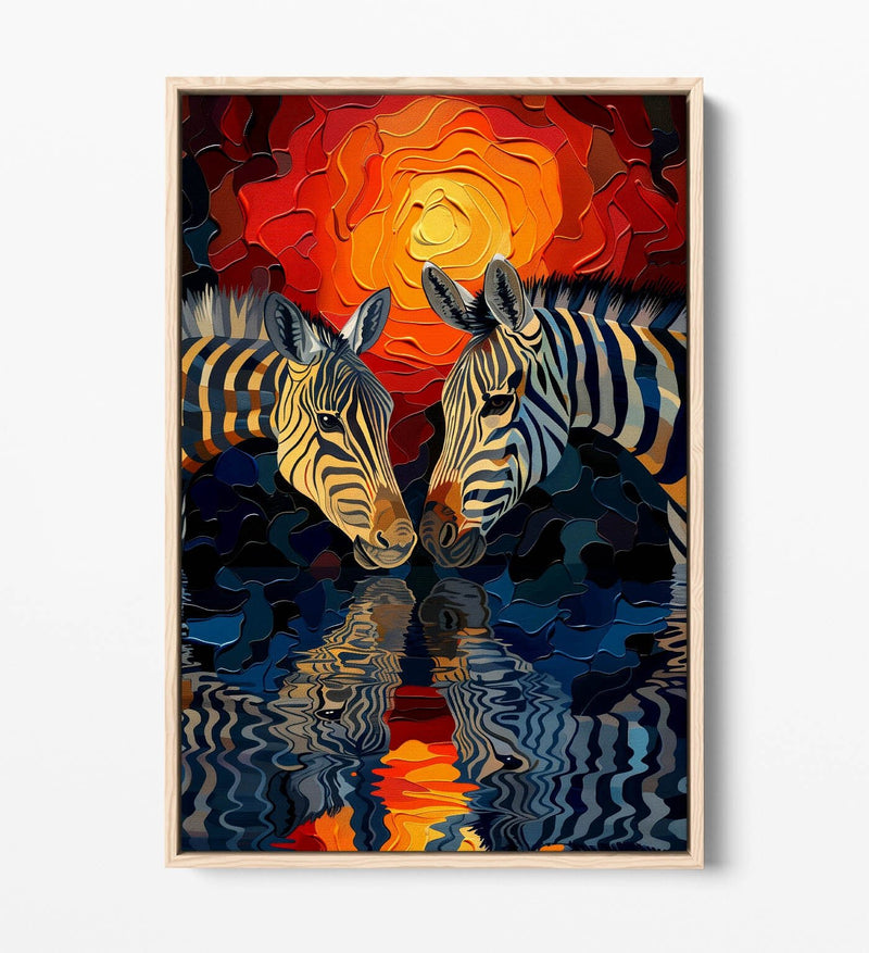 Canvas Wall Art Featuring Two Zebras | Handmade Float Effect Sunset Print