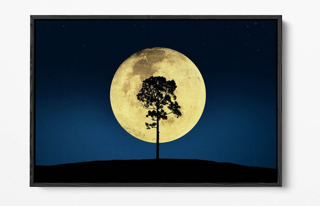 Canvas Wall Art - Tree Silhouette Print With Big Moon | Blue Night Sky Decor