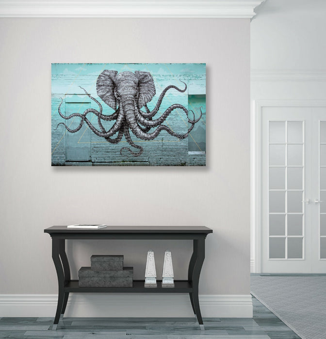 ELEPHANT OCTOPUS GRAFFITI CANVAS WALL ART PRINT ARTWORK  FRAMED TEAL TURQUOISE