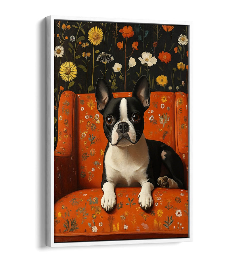 Floral Canvas Wall Art - Cute French Bulldog Print | Float Effect Canvas, Vibrant Color Artwork