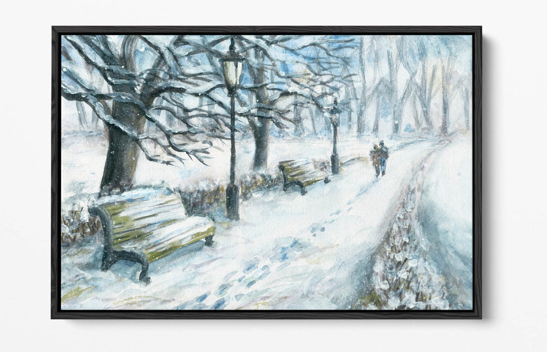 COUPLE WALKING IN SNOWY PARK WINTER FLOAT EFFECT CANVAS WALL ART PRINT