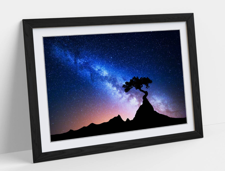 Framed Wall Art - Tree Silhouette Print With Blue Night Sky Starry Decor