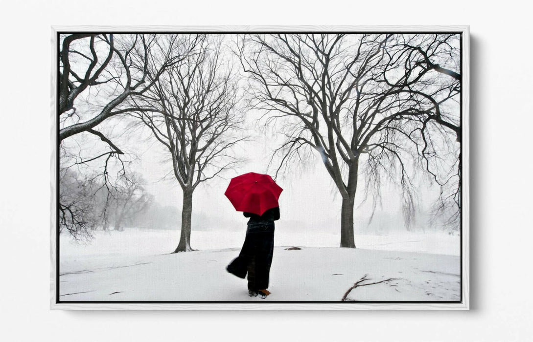 Canvas Wall Art - Red Umbrella Snow Scene | Float Effect Canvas Print