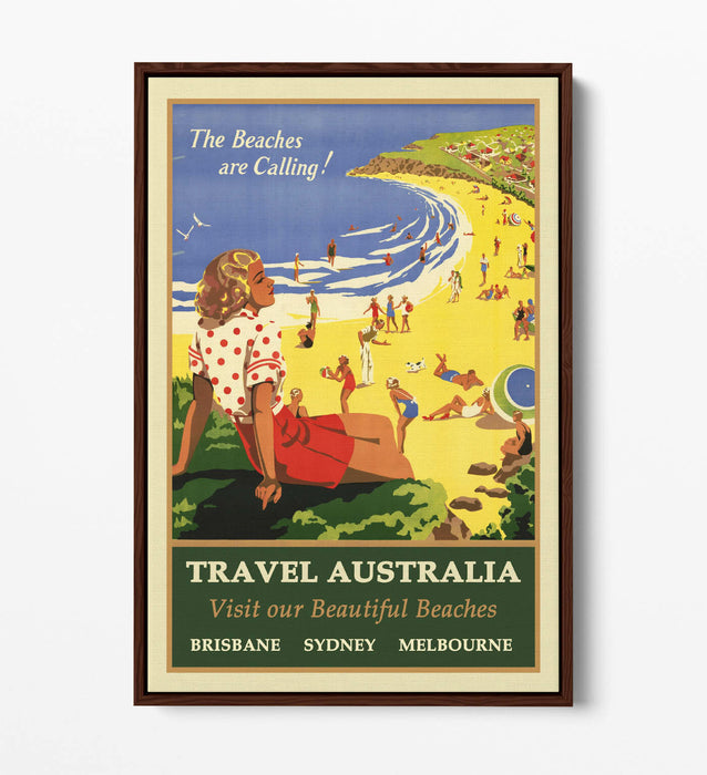 VINTAGE RETRO AUSTRALIA TRAVEL POSTER -FLOAT EFFECT CANVAS ART PRINT- BLUE GREEN