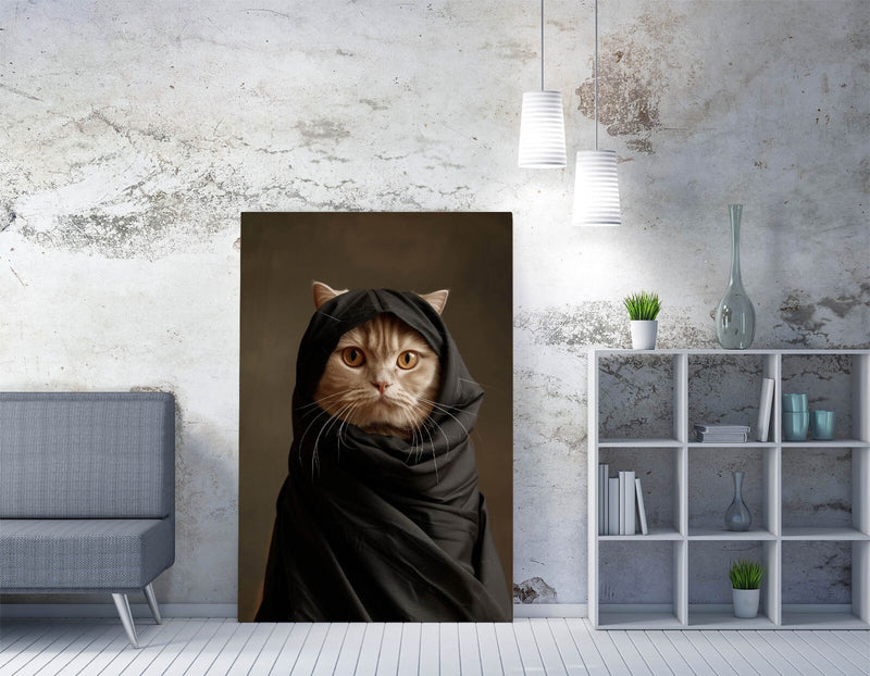 Canvas Wall Art - Cute Cat Artwork in Black Cloak | Contemporary Wall Decor Print