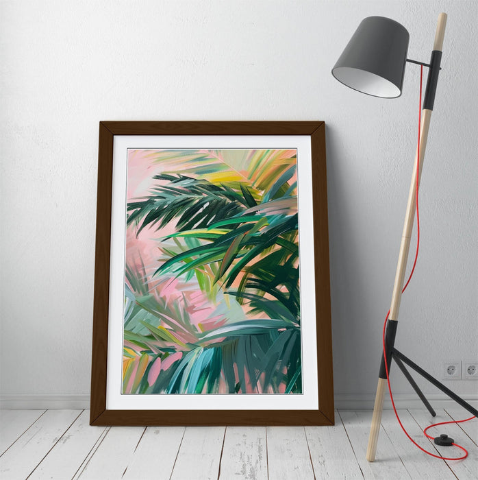 Framed Wall Art - Green Tree Leaves Pink Background Home Decor Print 4 Sizes