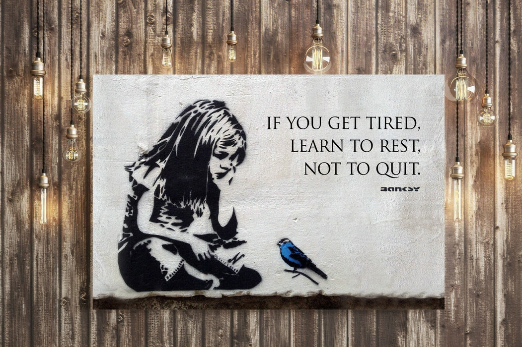 BANKSY GIRL BLUE BIRD QUOTE LEARN TO REST CANVAS WALL STREET ART PRINT GRAFFITI
