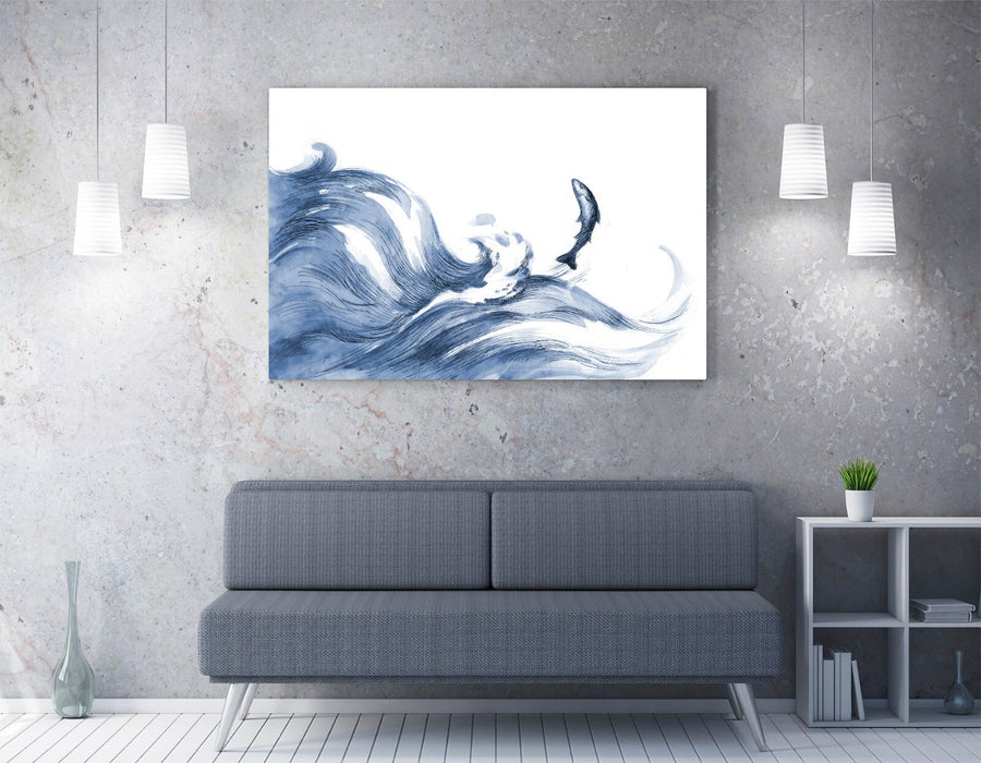 Canvas Wall Art – Watercolour Blue Waves & Fish Print | Handmade, Ready to Hang
