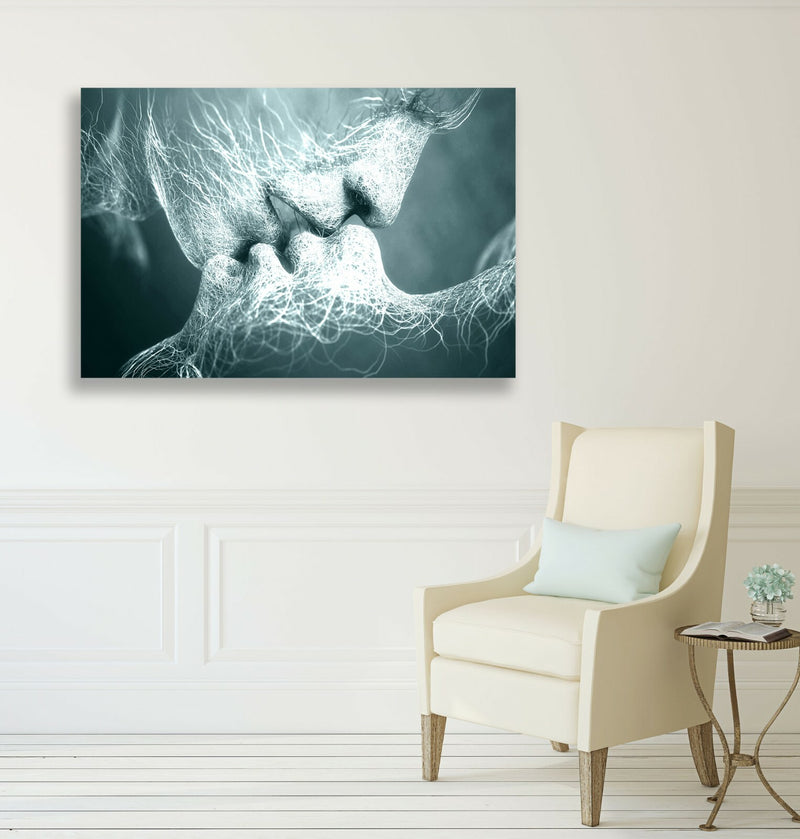 Lovers Kiss Canvas Art - Premium Duck Egg Blue Wall Art Print | Ready To Hang