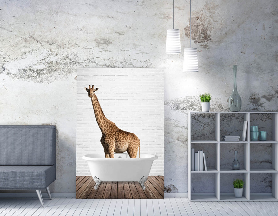 GIRAFFE IN BATHTUB -QUIRKY CANVAS WALL ART PRINT ARTWORK ANIMAL FRAMED BATHROOM