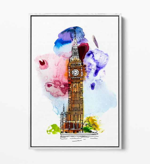 Canvas Wall Art – Big Ben London Watercolour Splash With Float Effect Frame
