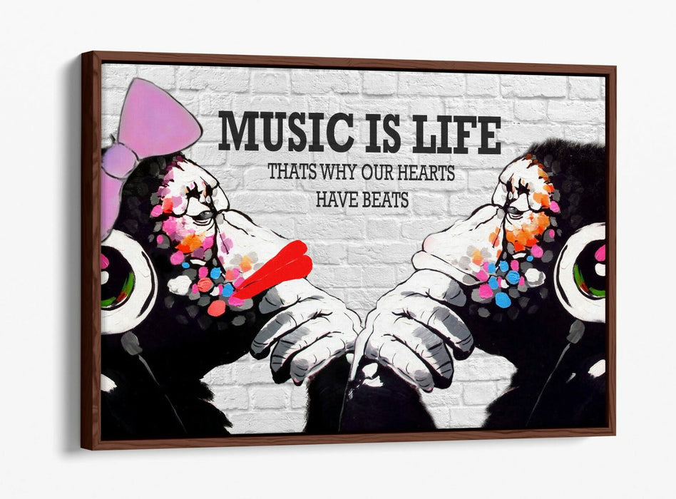 BANKSY DJ MONKEY MUSIC IS LIFE -FLOAT EFFECT CANVAS WALL ART PIC PRINT- PINK RED
