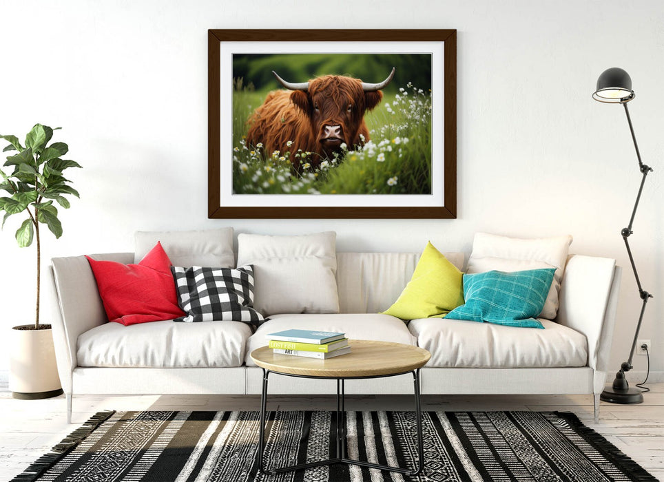 Highland Cow Wall Art – Framed Art Print With Flower Field Poster, Rustic Home Decor