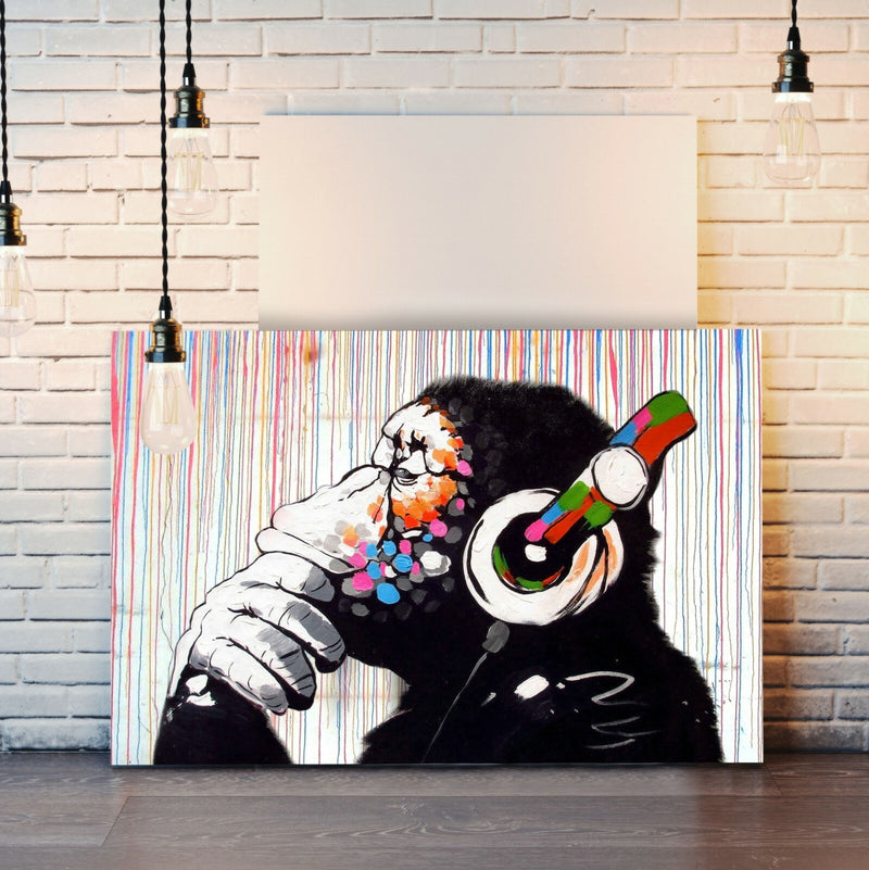 Banksy Canvas Wall Art – Monkey DJ Artwork With Coloured Rain Print, Ready To Hang