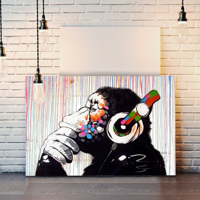 BANKSY  DJ MONKEY COLOURED RAIN CANVAS WALL ART PRINT PICTURE ARTWORK GORILLA
