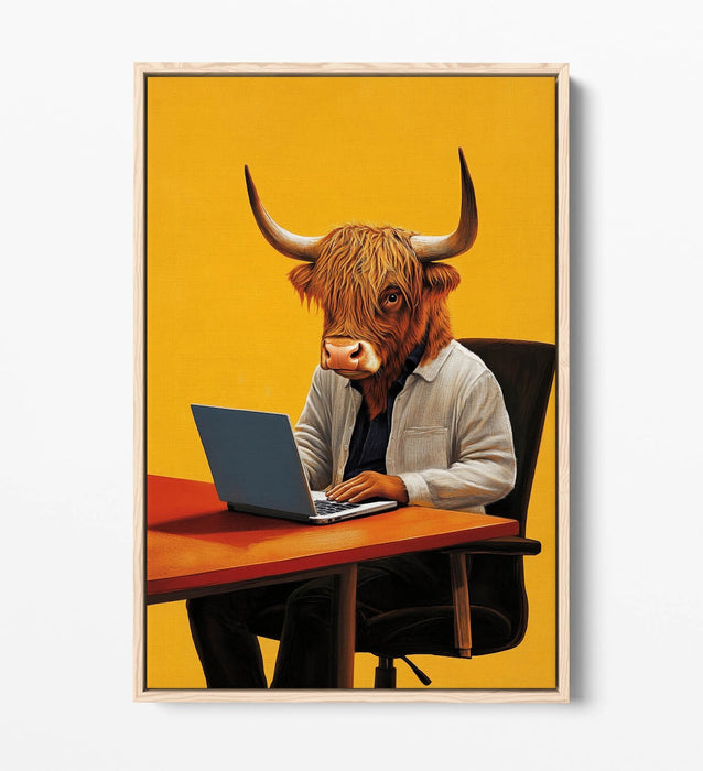 Canvas Wall Art - Anthropomorphic Highland Cow With Laptop | Float Effect, Handmade UK