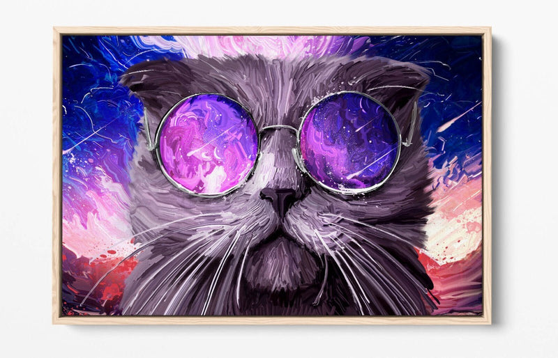 Funky Cat Sunglasses Canvas Wall Art - Galaxy Background Float Effect Print