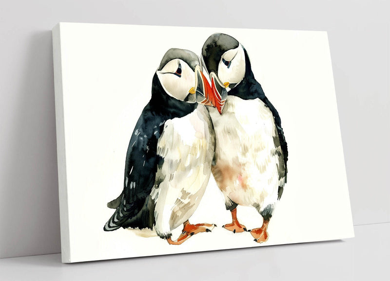 Puffins Canvas Wall Art - Cute Bird Couple Artwork on Archival Grade Canvas