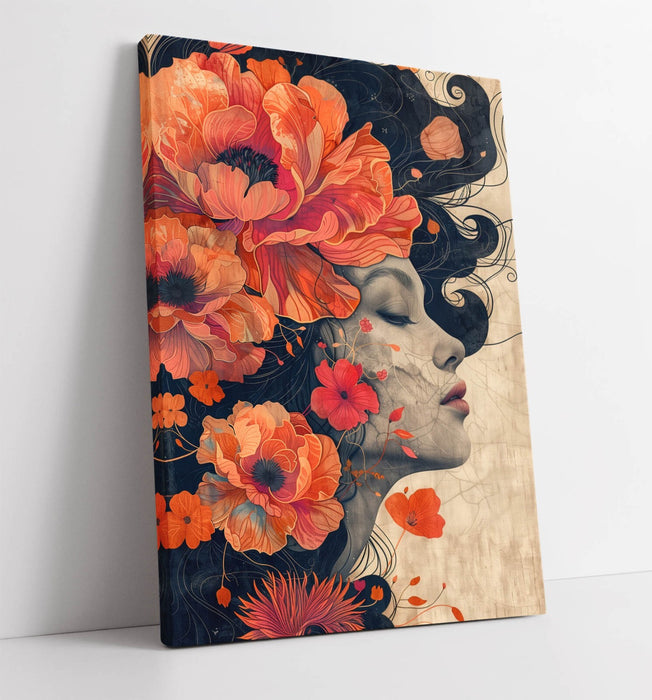 Canvas Wall Art – Beautiful Woman Portrait Print With Flowers | Handmade UK