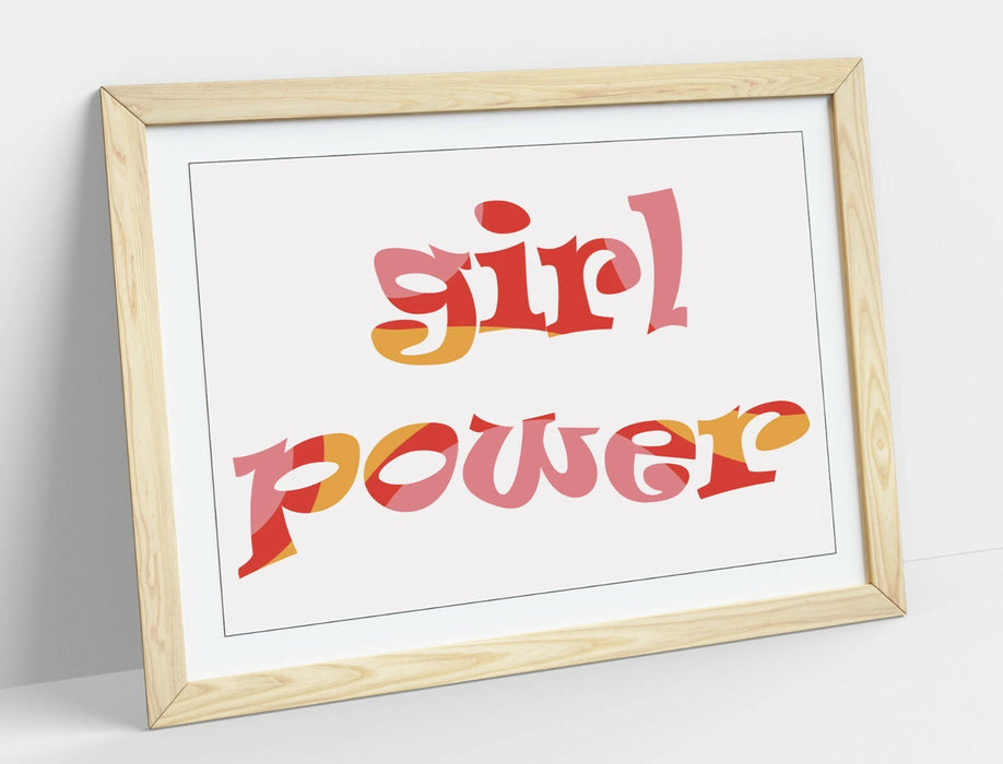 "GIRL POWER" GROOVY FEMINIST QUOTE 1 -FRAMED WALL ART PICTURE PRINT- PINK YELLOW
