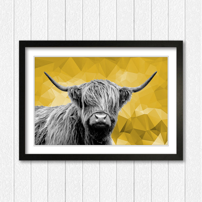 Highland Cow Wall Art – Framed Poster Print With Mustard Yellow Decor
