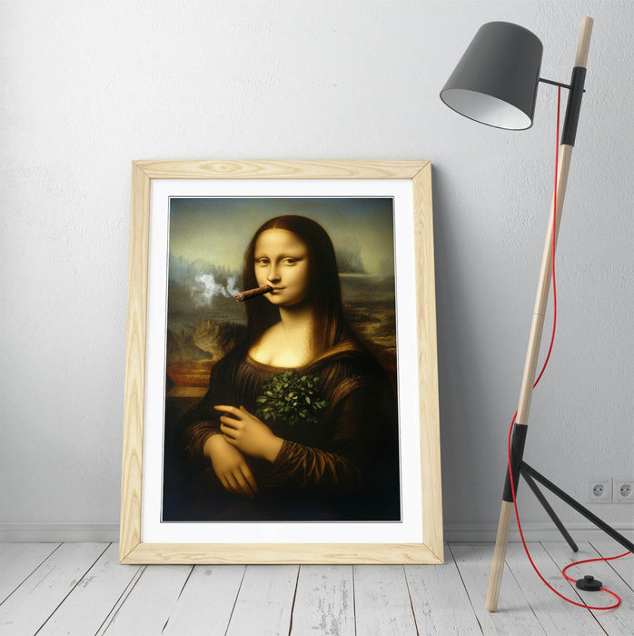 Framed Wall Art - Mona Lisa Smoking Cigar Funny Portrait Print With Woodgrain Frame