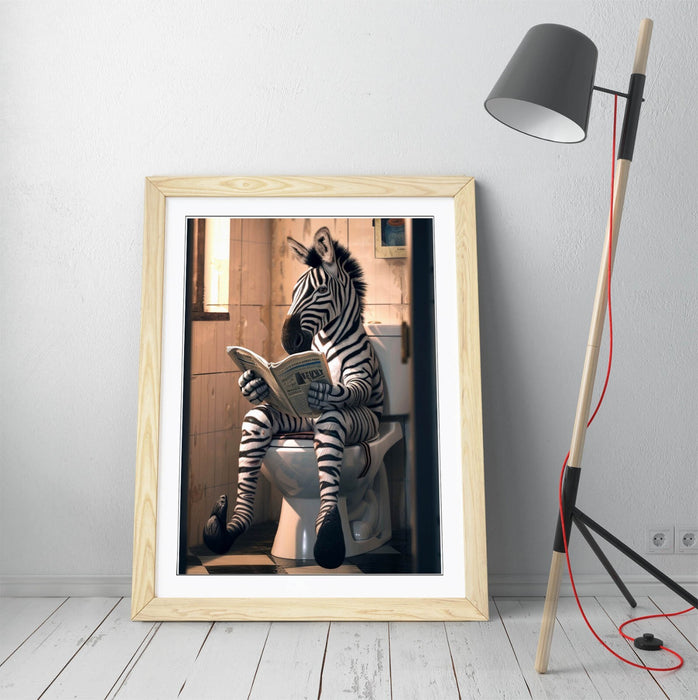 Funny Zebra Wall Art – Framed Poster Print With Woodgrain Frame Finish