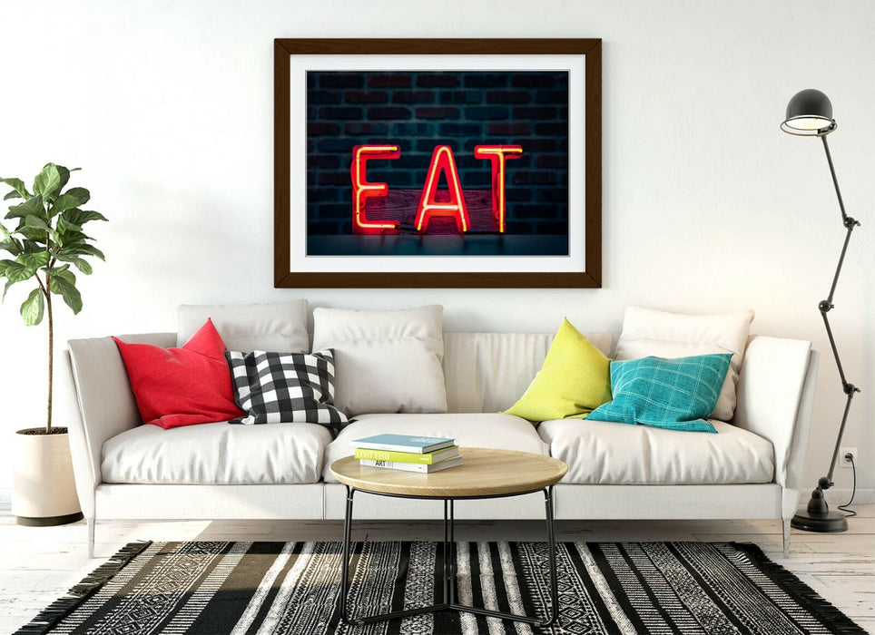 Kitchen Neon Sign - Framed Wall Art With Navy Blue Artwork & Faux Wood Frame