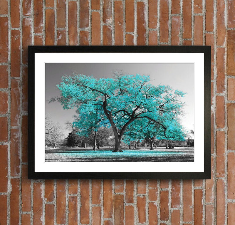 Turquoise Tree Wall Art - Large Framed Picture Print with Teal Leaves Poster