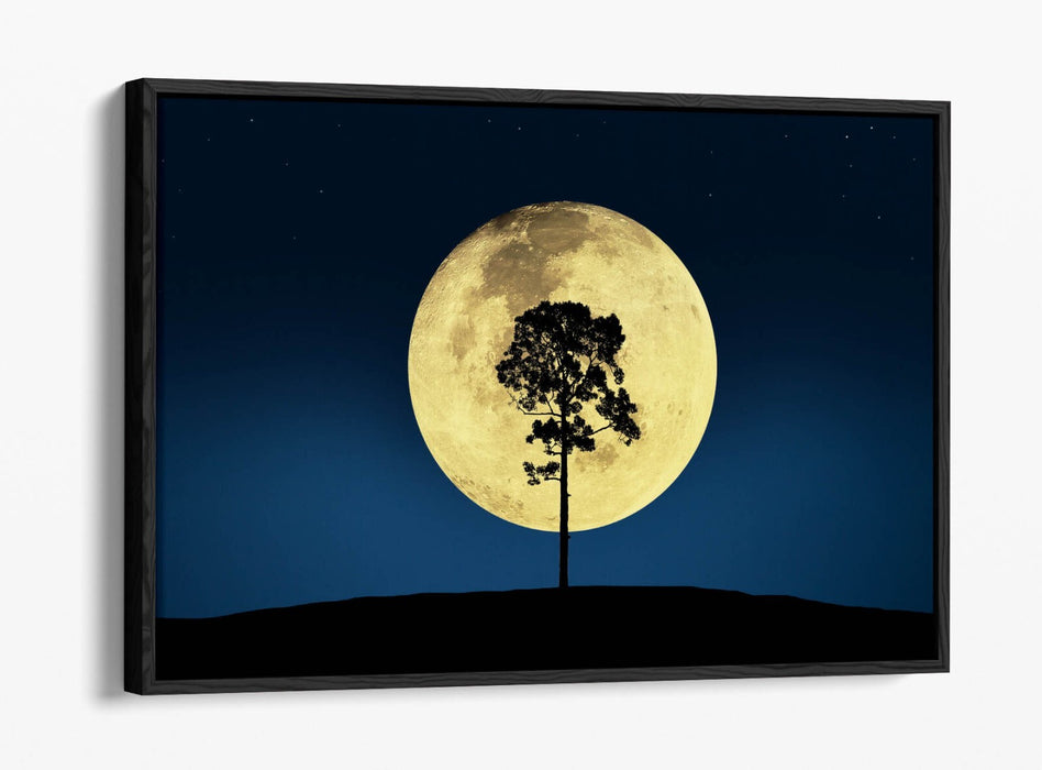 Canvas Wall Art - Tree Silhouette Print With Big Moon | Blue Night Sky Decor
