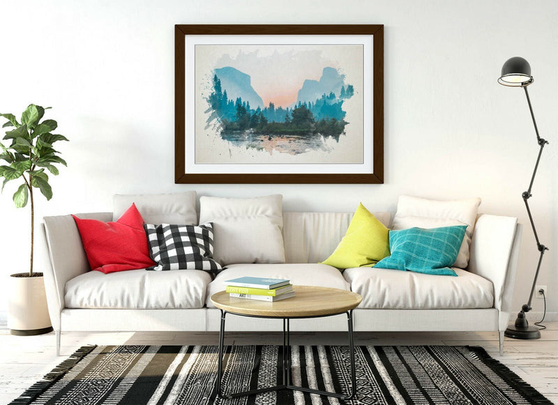 Framed Wall Art - Mountain Landscape Print With Watercolour Painting Effect