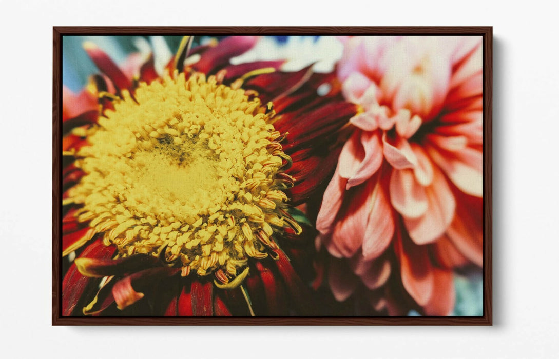 VINTAGE FLOWER -FLOAT EFFECT CANVAS WALL ART PIC PRINT- YELLOW RED PINK