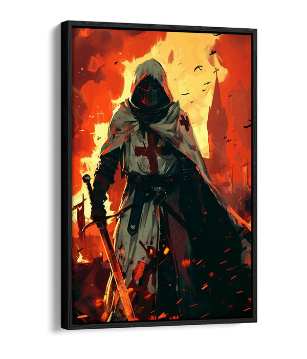 Medieval Canvas Art - Knight Wall Decor With Burning City Float Effect Print
