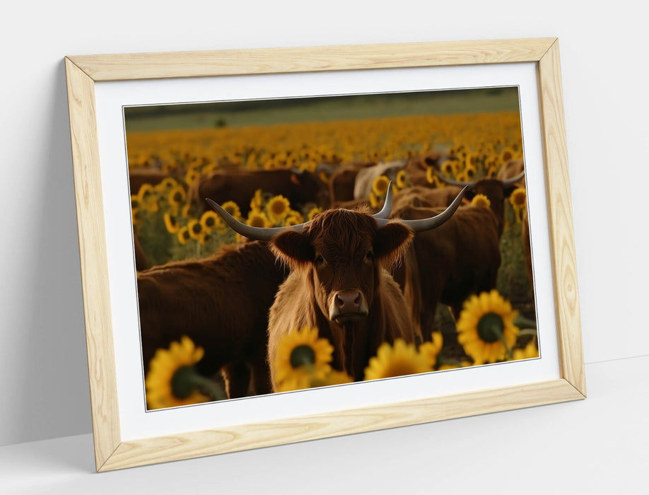 Highland Cows Wall Art – Framed Sunflower Field Print | Rustic Farmhouse Decor