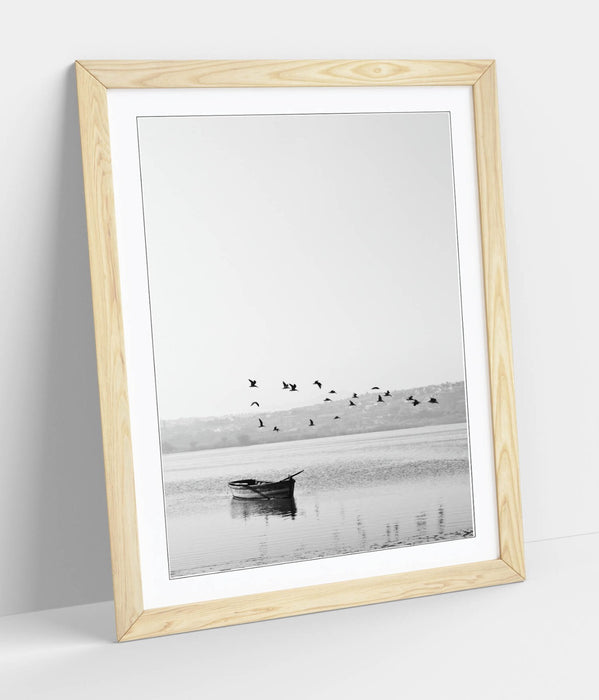 Framed Wall Art Poster - Black White Birds Flying Over Boat | UK Handmade Matte Print