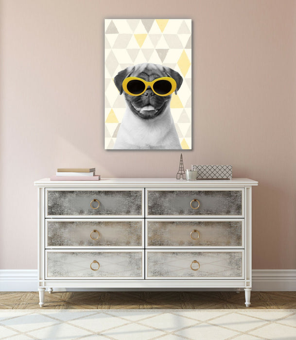 Canvas Wall Art - Mustard Canvas Print With Geometric Pug Sunglasses Art | Handmade UK Decor