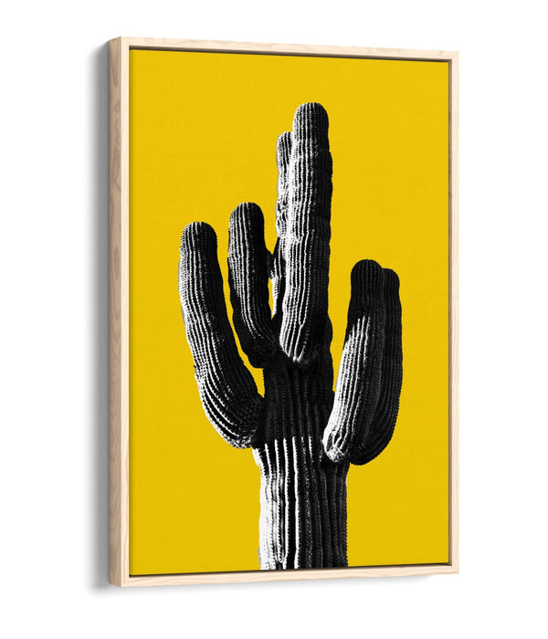 TRENDY B&W CACTUS POP ART YELLOW -FLOAT EFFECT CANVAS WALL ART PRINT