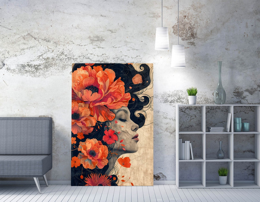 Canvas Wall Art – Beautiful Woman Portrait Print With Flowers | Handmade UK