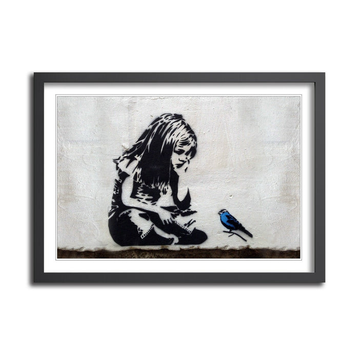 LITTLE GIRL BLUE BIRD FRAMED STREET ART POSTER PICTURE PRINT 4 SIZE BANKSY STYLE