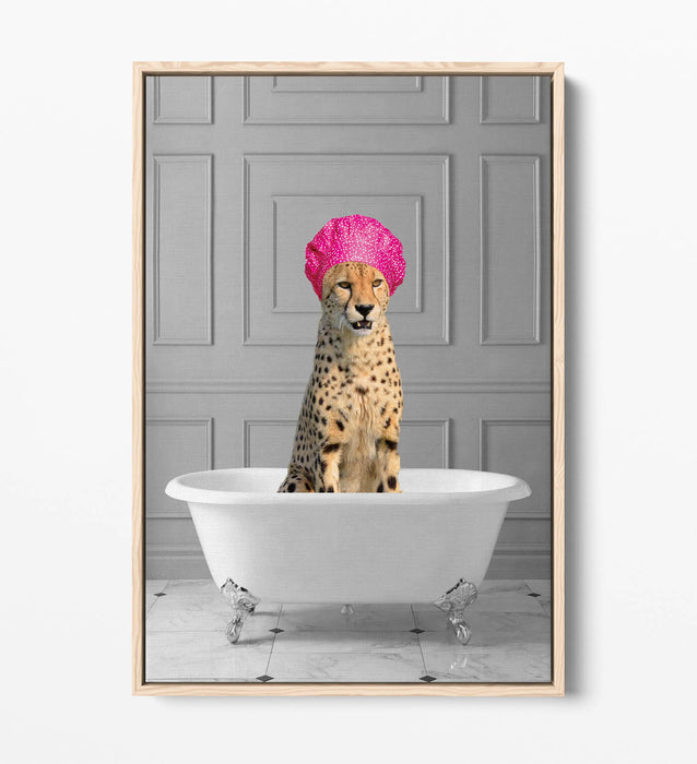 FUNNY CHEETAH IN BATHTUB -QUIRKY BATHROOM FLOAT EFFECT CANVAS WALL ART PIC PRINT