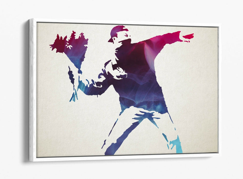 BANKSY, FLOWER THROWER PURPLE -FLOAT EFFECT CANVAS WALL ART PRINT