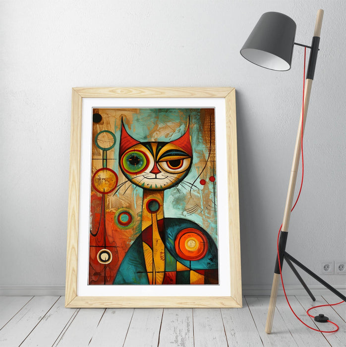 Framed Wall Art - Cool Cat Abstract Wall Decor With Woodgrain Frame Print
