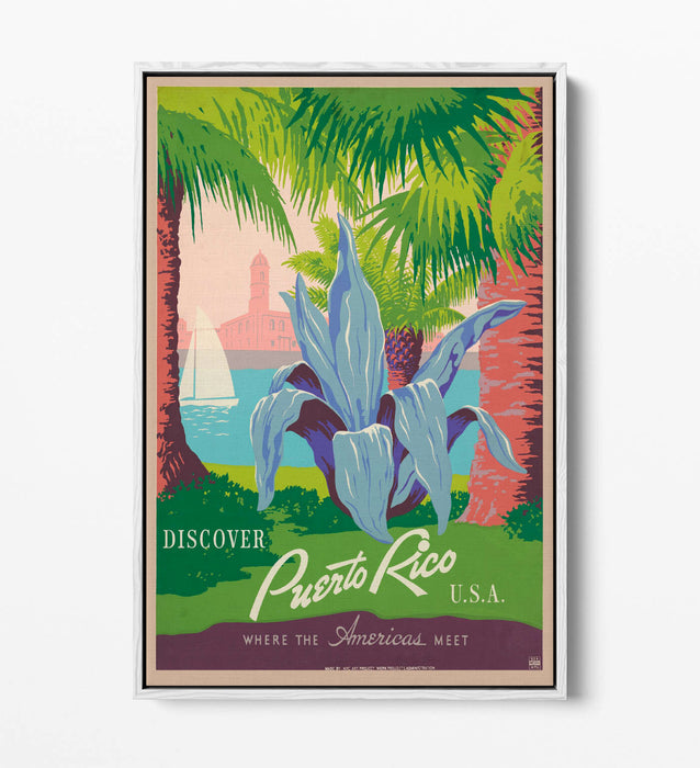 RETRO PUERTO RICO TRAVEL POSTER -FLOAT EFFECT CANVAS ART PRINT- BLUE PINK