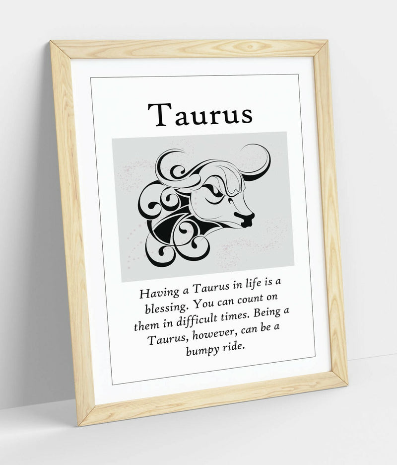 Taurus Star Sign Art | Framed Astrology Quote with Natural Wood Grain Frame