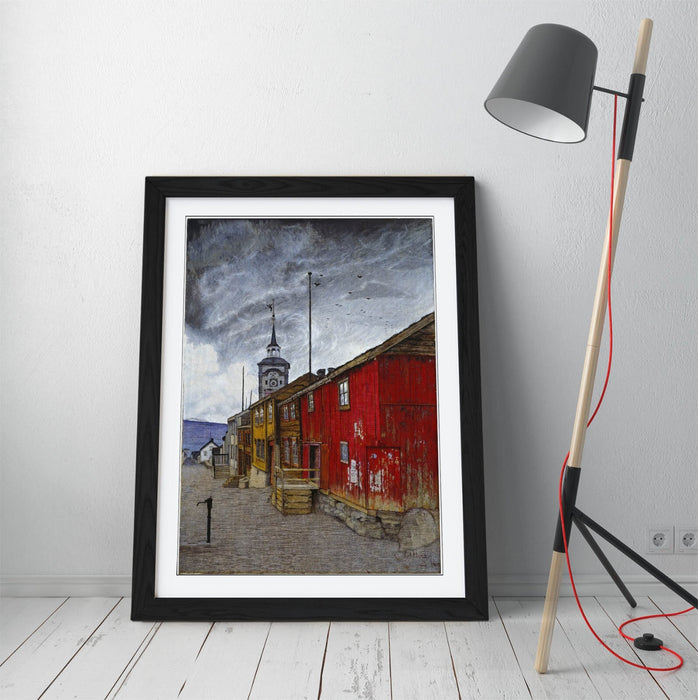 Framed Wall Art - Harald Sohlberg Street In Roros Poster Print With Woodgrain Frame