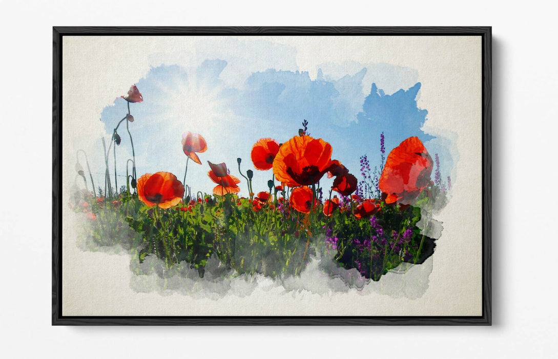 Float Effect Canvas Art - Poppy Field Landscape Watercolour Print On 30mm Deep Frame