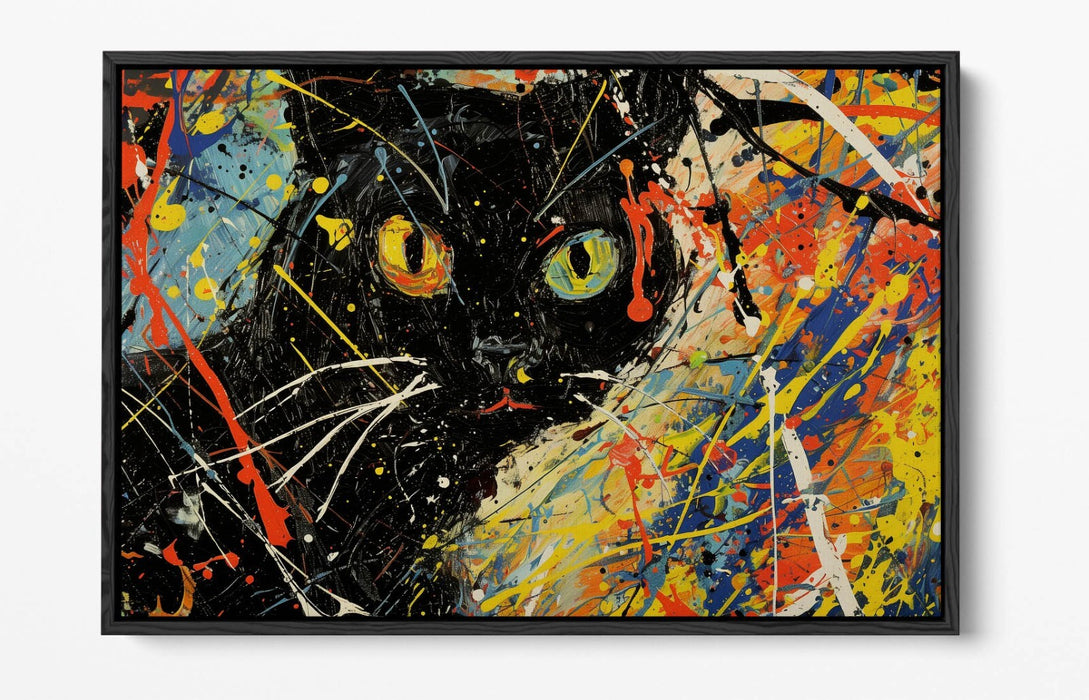 Black Cat Canvas Art - Jackson Pollock Style Float Effect Modern Cat Artwork